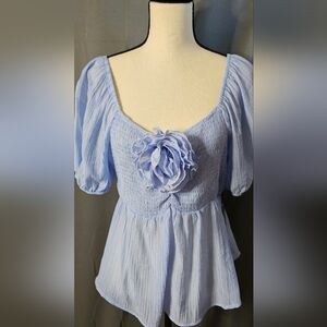 She So Lovely- Alice Blue Crop Light Blue Summer Top with Bold Flower, SZ, XL